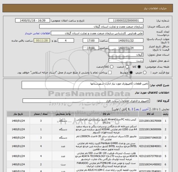 استعلام تامین قطعات کامپیوتری مورد نیاز ادارت شهرستانها 