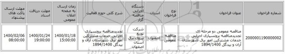 مناقصه عمومی دو مرحله ای تجدیدمناقصه برونسپاری اجرایی خدمات مشترکین امور برق شهرستان آران و بیدگل 1894/1400
