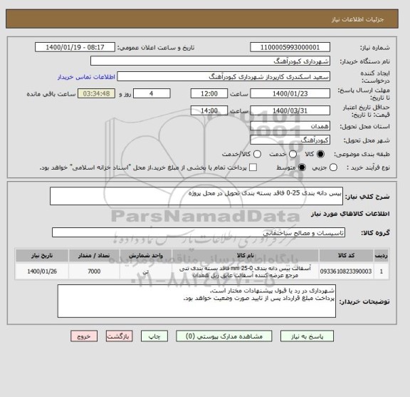 استعلام بیس دانه بندی 25-0 فاقد بسته بندی تحویل در محل پروژه