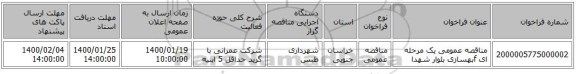 مناقصه عمومی یک مرحله ای fبهسازی بلوار شهدا