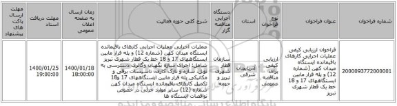 فراخوان ارزیابی کیفی عملیات اجرایی کارهای باقیمانده ایستگاه میدان کهن (شماره 12) و پله فرار مابین ایستگاههای 17 و 18 خط یک قطار شهری تبریز 