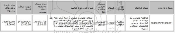 مناقصه عمومی یک مرحله ای انجام فعالیتهای حجمی فعالیتهای خدماتی شهری