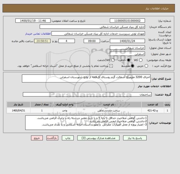 استعلام اجرای 3200 مترمربع آسفالت گرم روستای آق قلعه از توابع شهرستان اسفراین
