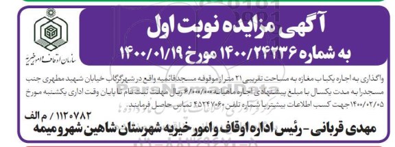 مزایده، مزایده اجاره یک باب مغازه