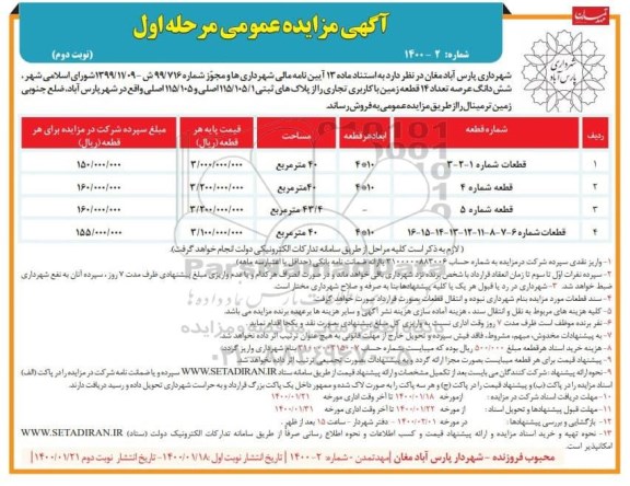 مزایده مزایده فروش 14 قطعه زمین با کاربری تجاری مرحله اول نوبت دوم