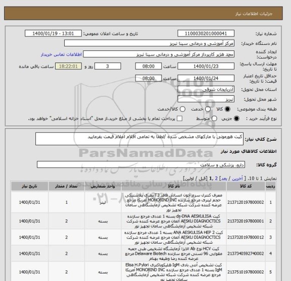 استعلام کیت هورمونی با مارکهای مشخص شده /لطفا به تمامی اقلام اعلام قیمت بفرمایید 