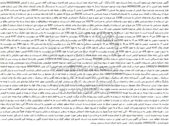 آگهی مزایده ششدانگ یک واحد آپارتمان دارای پلاک ثبتی شماره هفت هزار وششصد وشصت ویک فرعی از دویست وچهل ونه اصلی
