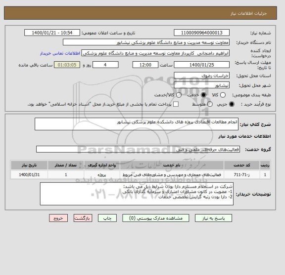 استعلام انجام مطالعات اقتصادی پروژه های دانشکده علوم پزشکی نیشابور