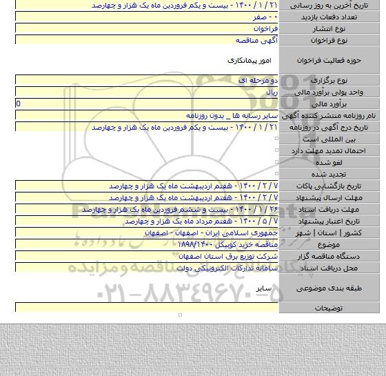 مناقصه خرید کوبیکل ۱۸۹۸/۱۴۰۰
