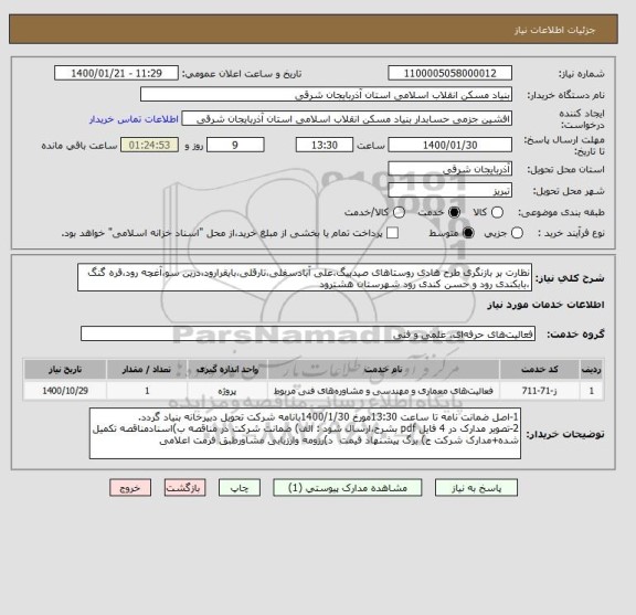 استعلام نظارت بر بازنگری طرح هادی روستاهای صیدبیگ،علی آبادسفلی،تارقلی،بایقرارود،درین سو،آغچه رود،قره گنگ ،بابکندی رود و حسن کندی رود شهرستان هشترود