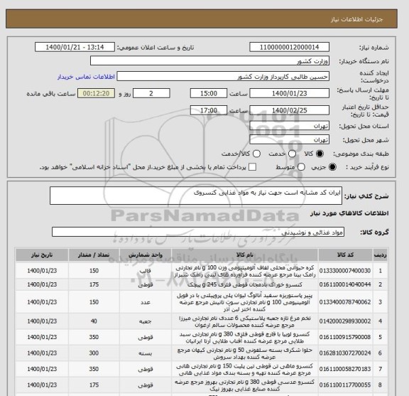 استعلام ایران کد مشابه است جهت نیاز به مواد غذایی کنسروی