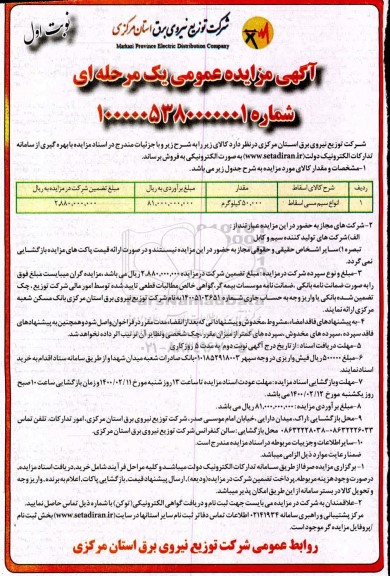مزایده انواع سیم مسی اسقاط