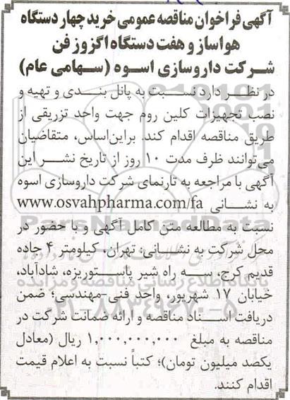 فراخوان مناقصه خرید چهار دستگاه هواساز و هفت دستگاه اگزوز فن