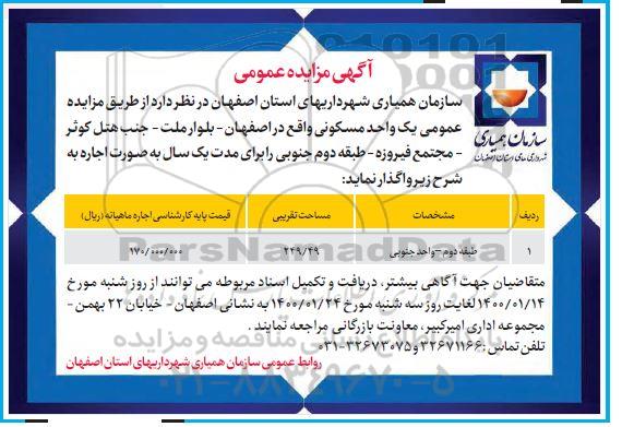 مزایده،مزایده واگذاری یک واحد مسکونی 249.49 مترمریع