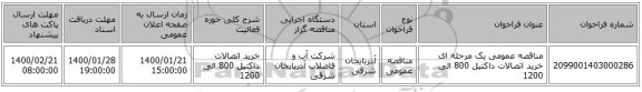 مناقصه عمومی یک مرحله ای خرید اتصالات داکتیل 800 الی 1200