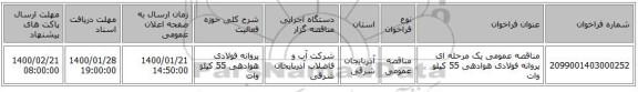 مناقصه عمومی یک مرحله ای پروانه فولادی هوادهی 55 کیلو وات