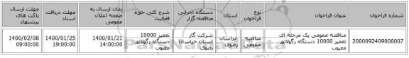 مناقصه عمومی یک مرحله ای تعمیر 10000 دستگاه رگولاتور معیوب