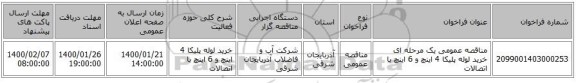 مناقصه عمومی یک مرحله ای خرید لوله پلیکا 4 اینچ و 6 اینچ با اتصالات