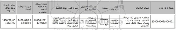 مناقصه عمومی یک مرحله ای خرید و نصب و اجرای متریال سوله کامل شهر گلمورتی