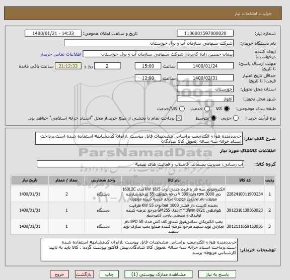 استعلام خریددمنده هوا و الکتروپمپ براساس مشخصات فایل پیوست .ازایران کدمشابهه استفاده شده است.پرداخت اسناد خزانه سه ساله .تحویل کالا شادگان
