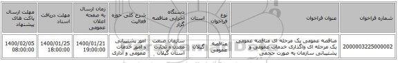 مناقصه عمومی یک مرحله ای مناقصه عمومی یک مرحله ای واگذاری خدمات عمومی و پشتیبانی سازمان به صورت حجمی