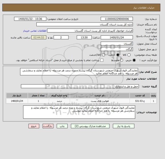 استعلام نمایندگی قبول شهرک صنعتی شهرستان گرگان پیشتاز و ویژه درصد هر مرسوله  را اعلام نمایئد و سفارشی هر مرسوله  را هم جداگانه اعلام نمائید