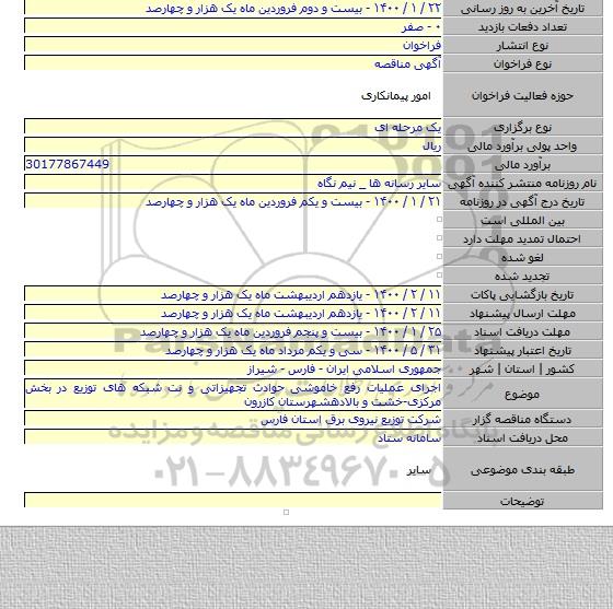 اجرای عملیات رفع خاموشی حوادث تجهیزاتی و نت شبکه های توزیع در بخش  مرکزی-خشت و بالادهشهرستان کازرون