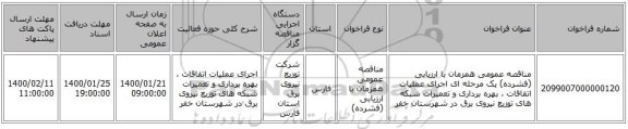 مناقصه عمومی همزمان با ارزیابی (فشرده) یک مرحله ای اجرای عملیات اتفاقات ، بهره برداری و تعمیرات شبکه های توزیع نیروی برق در شهرستان خفر