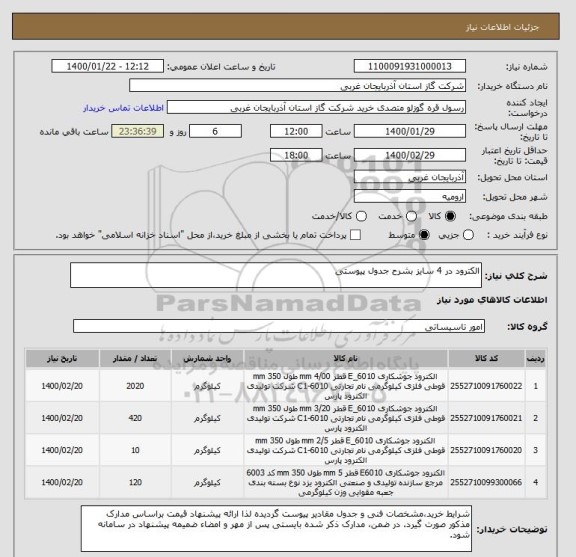 استعلام الکترود در 4 سایز بشرح جدول پیوستی