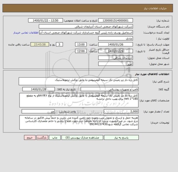 استعلام کابل زره دار زیر زمینی تک سیمه آلومینیومی با عایق روکش ترموپلاستیک