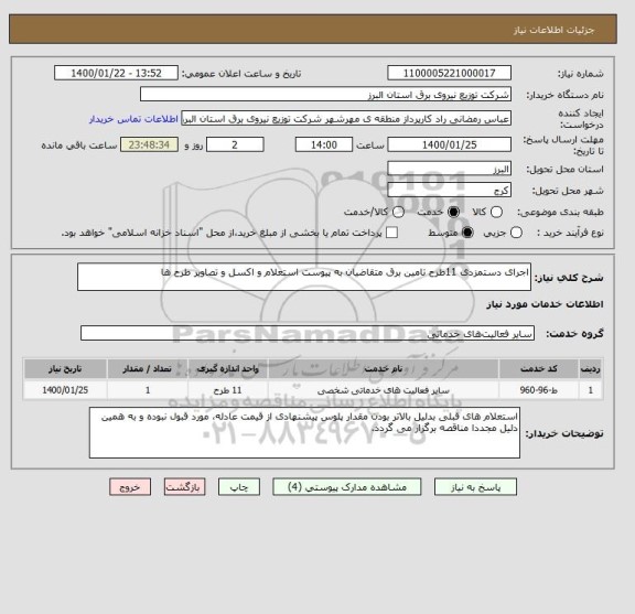 استعلام اجرای دستمزدی 11طرح تامین برق متقاضیان به پیوست استعلام و اکسل و تصاویر طرح ها