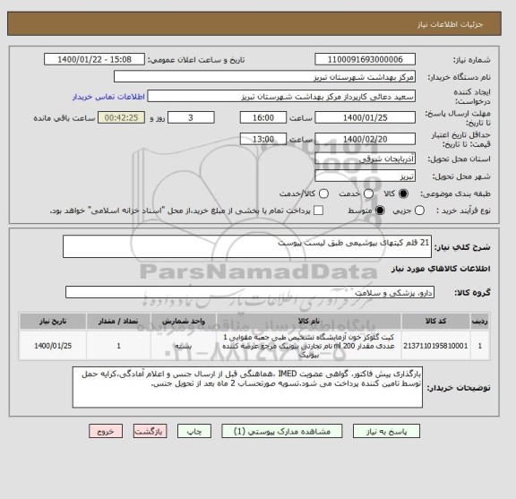 استعلام 21 قلم کیتهای بیوشیمی طبق لیست پیوست