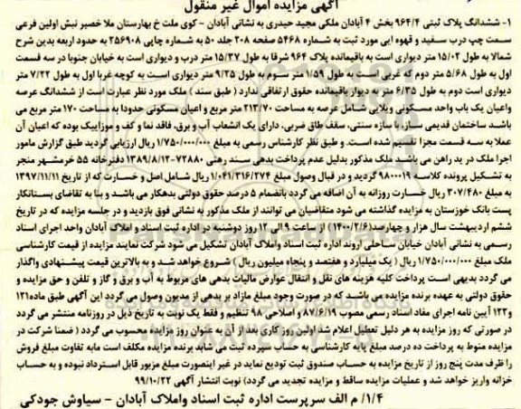 مزایده،مزایده ششدانگ پلاک ثبتی بخش 4 