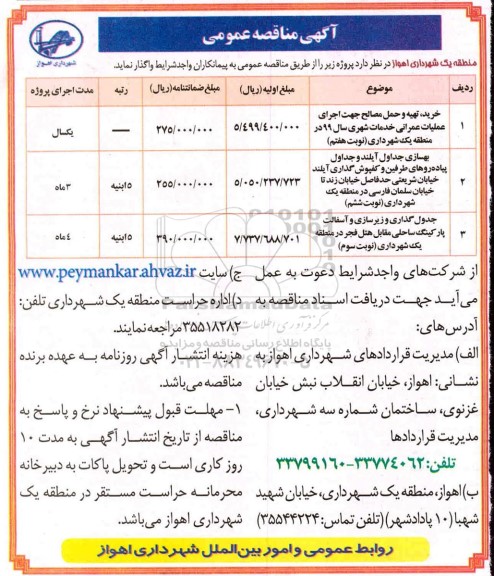مناقصه ، مناقصه خرید، تهیه و حمل مصالح جهت اجرای عملیات عمرانی خدمات شهری ....
