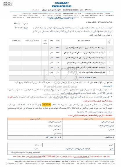 استعلام سیم نمره 2.5 میلیمتر افشان  و...