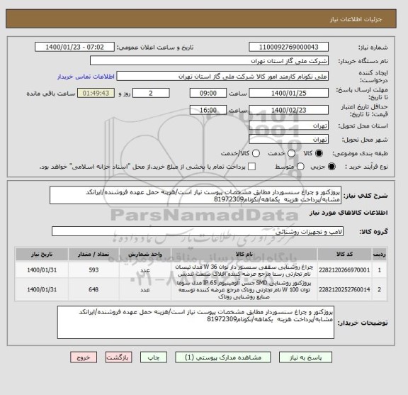 استعلام پروژکتور و چراغ سنسوردار مطابق مشخصات پیوست نیاز است/هزینه حمل عهده فروشنده/ایرانکد مشابه/پرداخت هزینه  یکماهه/نکونام81972309