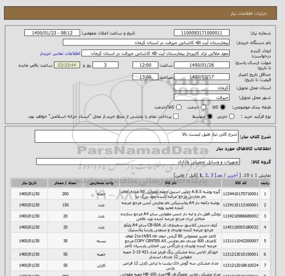 استعلام شرح کلی نیاز طبق لیست بالا