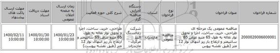 مناقصه عمومی یک مرحله ای طراحی، خرید، ساخت، اجرا و تحویل نوار نقاله به طول 65 مترو عرض 65 سانتیمتر و ارتفاع بار ریز انتهای نوار 12 متر  (طبق نقشه پیوس