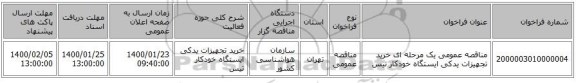 مناقصه عمومی یک مرحله ای خرید تجهیزات یدکی ایستگاه خودکار تیس