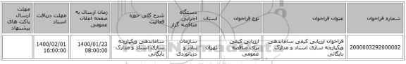 فراخوان ارزیابی کیفی ساماندهی ویکپارچه سازی اسناد و مدارک بایگانی