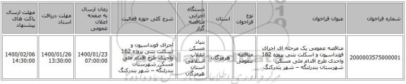 مناقصه عمومی یک مرحله ای اجرای فونداسیون و اسکلت بتنی  پروژه 162 واحدی طرح اقدام ملی مسکن شهرستان بندرلنگه – شهر بندرکنگ