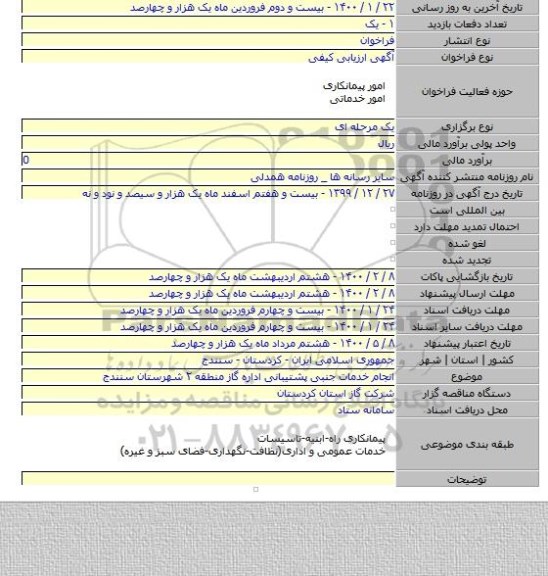 انجام خدمات جنبی پشتیبانی اداره گاز منطقه ۲ شهرستان سنندج
