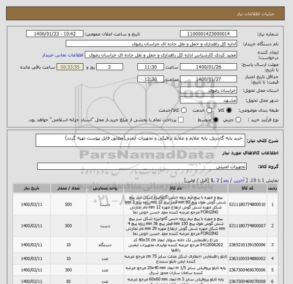 استعلام  خرید پایه گاردریل، پایه علایم و علایم ترافیکی و تجهیزات ایمنی(مطابق فایل پیوست تهیه گردد)