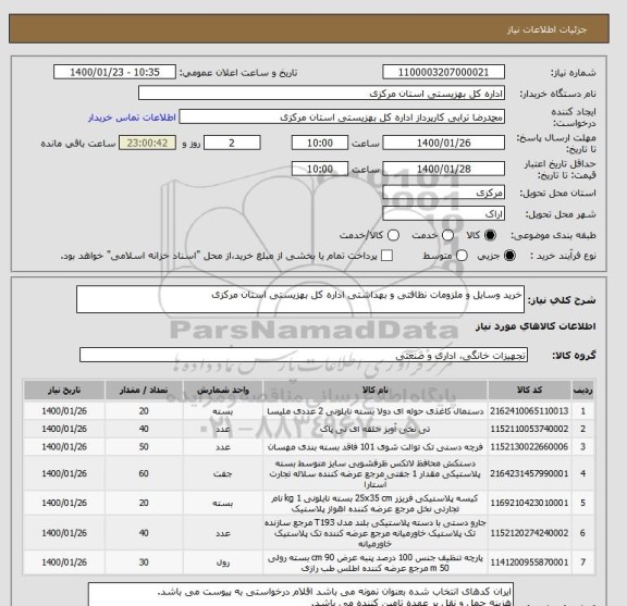 استعلام خرید وسایل و ملزومات نظافتی و بهداشتی اداره کل بهزیستی استان مرکزی