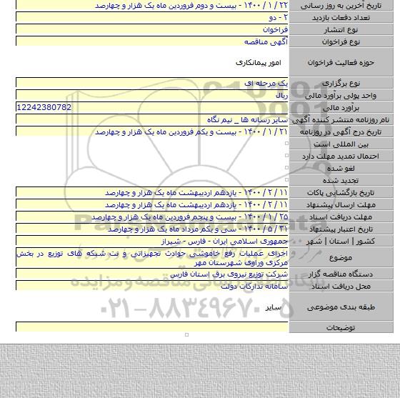 اجرای عملیات رفع خاموشی حوادث تجهیزاتی و نت شبکه های توزیع در بخش مرکزی وراوی شهرستان مهر
