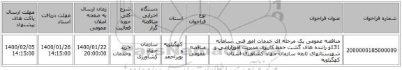 مناقصه عمومی یک مرحله ای خدمات امور فنی ،سامانه 131و راننده های گشت حفظ کاربری مدیریت اموراراضی و شهرستانهای تابعه سازمان جهاد کشاورزی استان کهگیلویه 