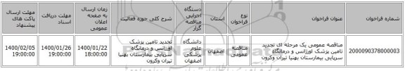 مناقصه عمومی یک مرحله ای تجدید تامین پزشک اورژانس و درمانگاه سرپایی بیمارستان بهنیا تیران وکرون