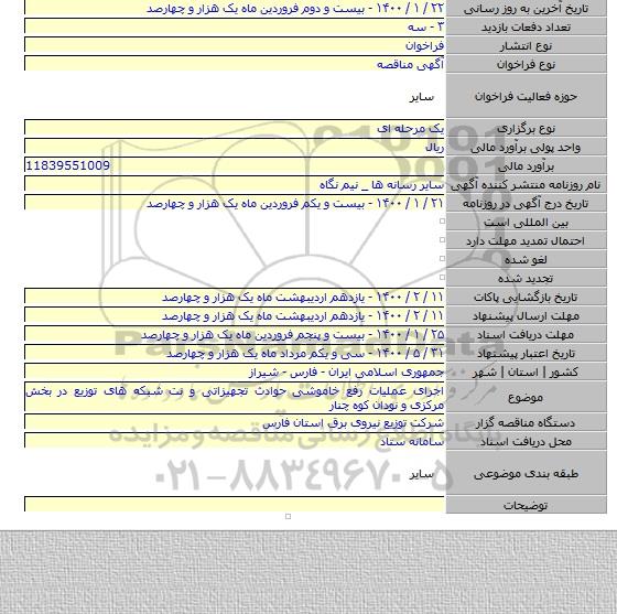 اجرای عملیات رفع خاموشی حوادث تجهیزاتی و نت شبکه های توزیع در بخش مرکزی و نودان کوه چنار