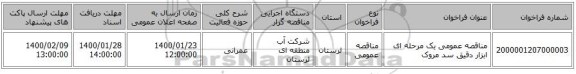 مناقصه عمومی یک مرحله ای ابزار دقیق سد مروک