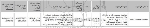مناقصه عمومی یک مرحله ای واگذاری امورات مربوط به خدمات شهری ،فضای سبز، نقلیه و عمران شهرداری  و واحدهای تابعه شهرداری